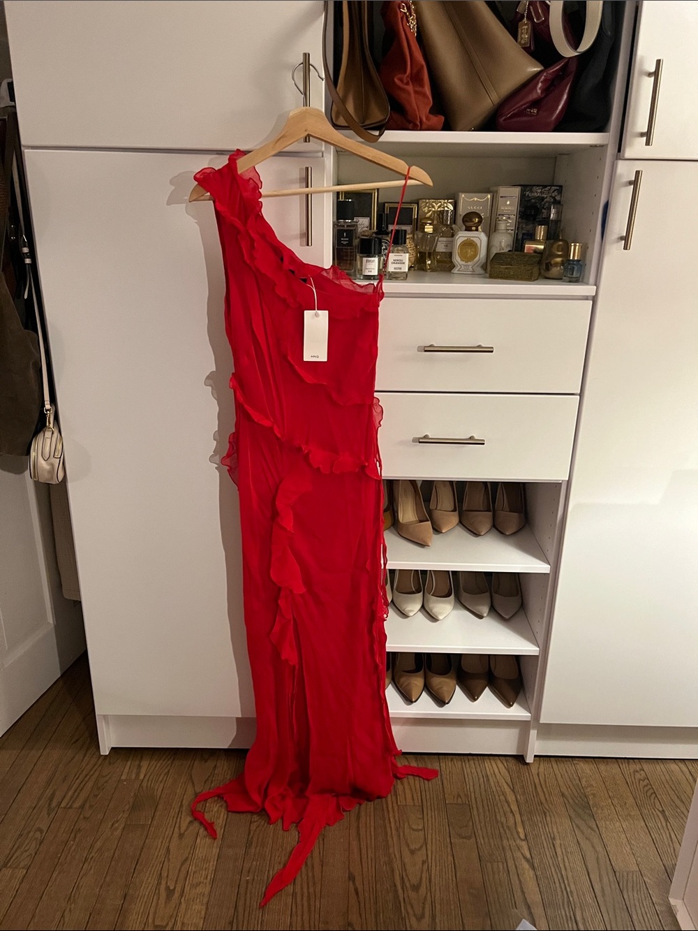 Mango Red One-Shoulder Ruffle Gown